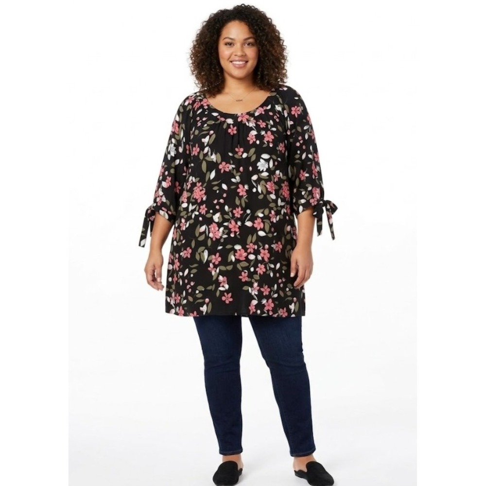 New‎ Ellos Black Multi Color Floral Ultra Soft Rayon Pullover Tunic size 26